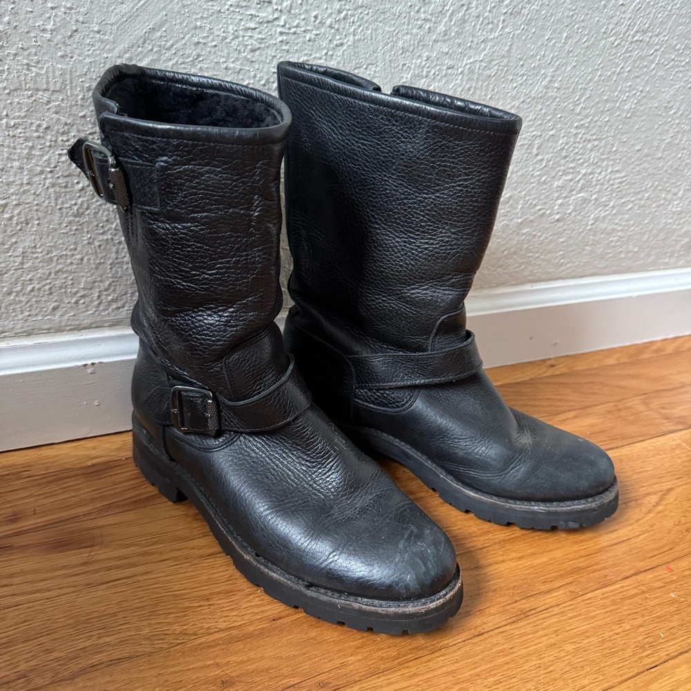 Frye Black Leather Mid-Calf Sherpa-lined Boots